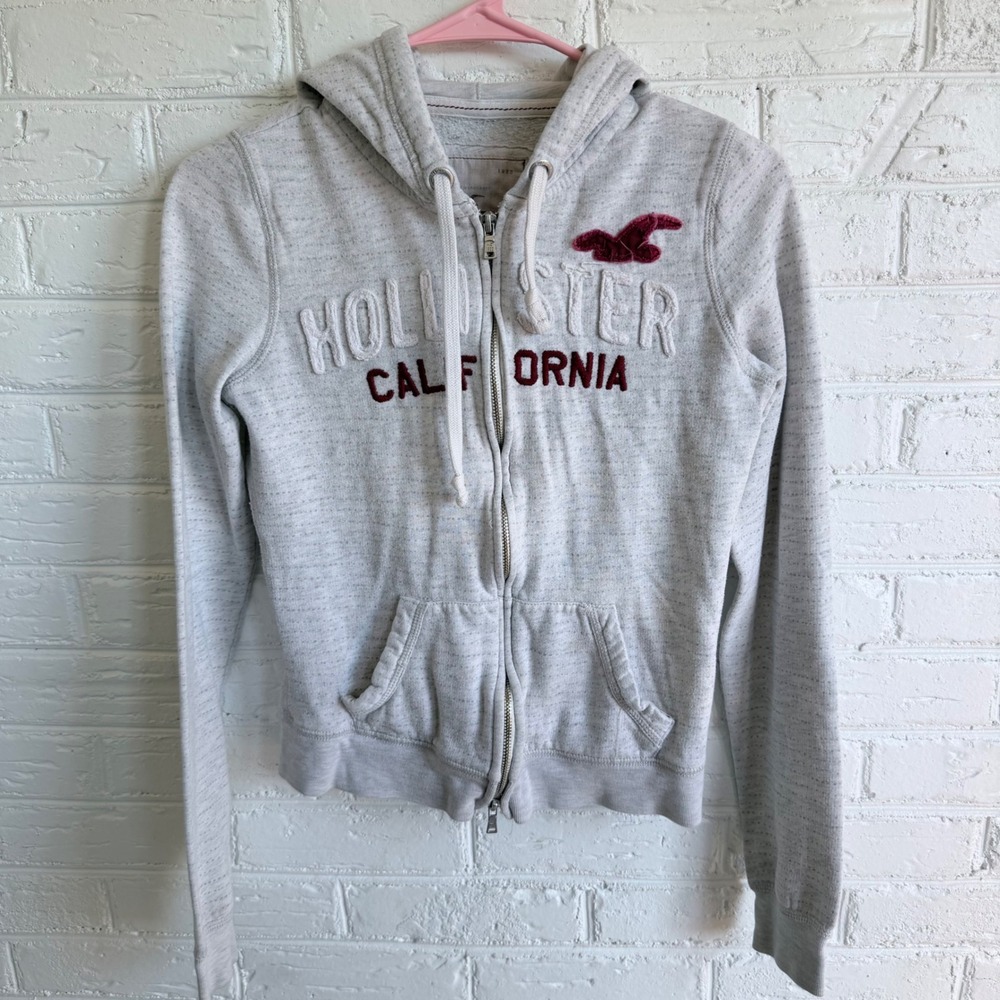 Hollister Y2K Hoodie Full Zip‎ Gray Speckled Embroidered Logo Women's Small